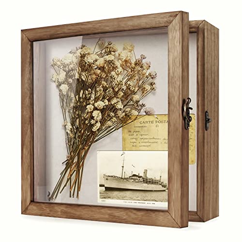 TJ.MOREE Shadow Box 11x11 Memory Display Case Wood Picture Frame Carbonized | Fits 9.4x9.4Inserts with Linen Back & Glass, Rustic Keepsake Box for Pet Memorabilia Gifts Wedding Bouquet Military Medals - color: Carbonized, size: 11x11