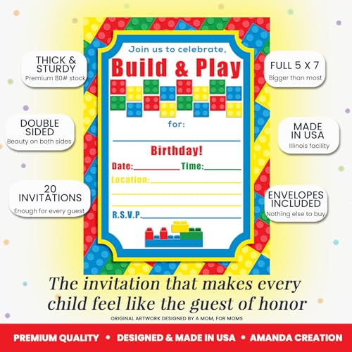 Building Blocks Birthday Party Invitations, 20 5x7 Fill In Cards with Twenty White Envelopes by AmandaCreation - color: Building Blocks