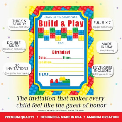 Building Blocks Birthday Party Invitations, 20 5x7 Fill In Cards with Twenty White Envelopes by AmandaCreation - color: Building Blocks
