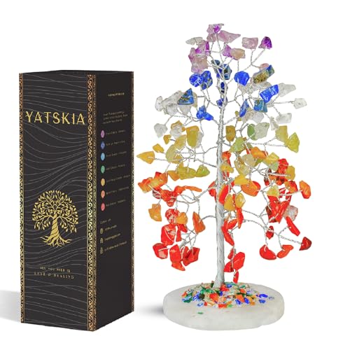 YATSKIA 7 Chakra Tree of Life Crystal Tree | Birthday Gifts for Women | Healing Crystals Gemstone Tree | Crystal Gifts for Mom | Home Office Decor | Handcrafted Unique Gifts - color: #1 Seven Chakra Agate Slice Base