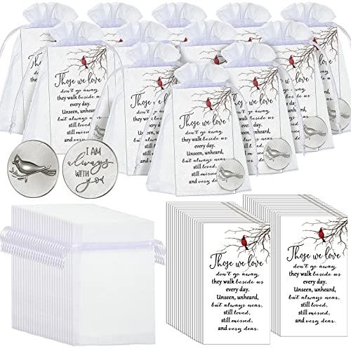 Fumete 50 Set Cardinal Memorial Coins Angel Sign Gifts Set Celebration of Life Decoration Include Cardinal Funeral Pocket Token Memorial Sign Poem Cards White Organza Bags for Funeral Memory Presents