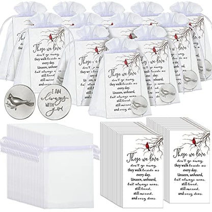 Fumete 50 Set Cardinal Memorial Coins Angel Sign Gifts Set Celebration of Life Decoration Include Cardinal Funeral Pocket Token Memorial Sign Poem Cards White Organza Bags for Funeral Memory Presents