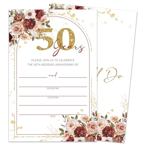 Boho 50th Wedding Anniversary Invitations, 50th Anniversary Invites With Envelopes, Gold Invitation For Couple Reception Celebration Party, 25 Pack 4x6 Invites Cards/02