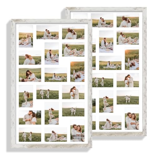 Hongkee 18x30 Collage Frame 2 Pack, Fits18 4x6 with Mat - Real Glass Cover - color: Distressed White, size: 18x30 in matted to 18-4x6
