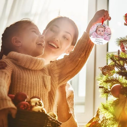 Personalized Baby First Christmas Ornaments Boy/Girl, Custom Photo and Name 2025 Christmas Tree Ornament, Velvet Pouch Included, 3.75" ACM Ornament, Made in The USA - color: Baby Heart