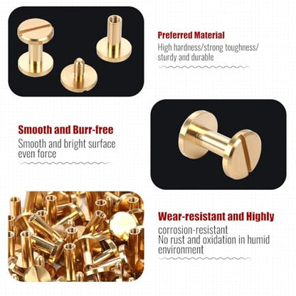 Brass Chicago Binding Screws -4mm x 8mm Binding Posts -10mm Phillips Nut -Chicago Screw Binding Post Screw Kit for DIY Leather Decoration Scrapbook Photo Albums Bookbinding (Brass, 25 PCS) - size: 4mm x 8mm