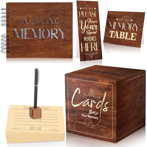 Fumete Wooden Funeral Guest Sign Book Set for Memorial Service Celebration of Life Table Sign Funeral Pen and Pen Holder Share a Memory Wooden Box with 60 Card for Guests(Retro Color) - color: Retro Color
