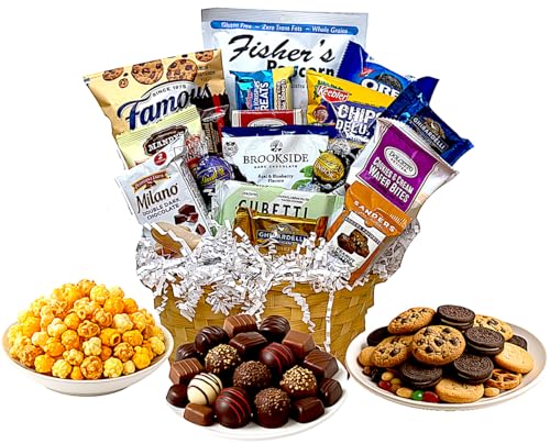 Handcrafted Gift Basket with Chocolates, Cookies, Snacks & Candy. Perfect for Birthdays, Sympathy, Holidays, Clients & Thank You Gifts (Small: $49.99, Sympathy) - size: Small: $49.99