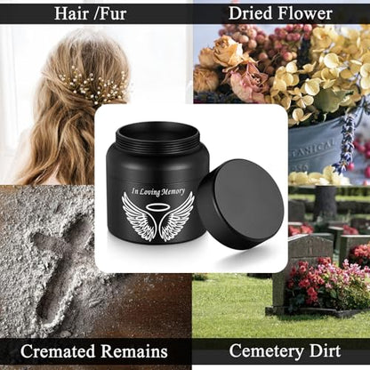 SOITIS Cremation Urn - 2.36 Inch Small Urn for Human Ashes - Elegant Black Aluminum Memorial Keepsake with White Wings Design - Funeral Urn for Ashes, Memorial Keepsake Holder - size: Small