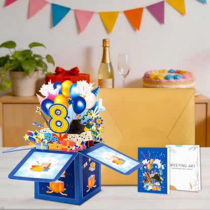 GREETING ART 8th Birthday Pop Up Card for Girl Boy,8 Year Old Birthday Card - color: 8th