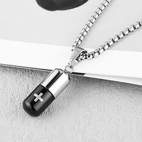 STWTR Stainless Steel Cylindrical Souvenir Capsule Pill Pendant Necklace, Cremated Ashes Pill Container Necklace - color: Black-B