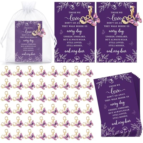 50 Set Memorial Funeral Favors for Guest, Memorial Keychains Sympathy Card Organza Bag, Sympathy Gift for Celebration of Life Funeral Favors Bereavement Guest Return Gift(Butterfly,Purple) - color: Purple, style: Butterfly