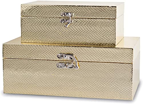 Set of 2 Decorative Wooden Keepsake Boxes Storage Boxes with Gold Leather and Clasp Closure Small Size Jewelry Organizer Gift Box