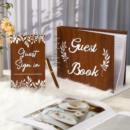 Spakon 3 Pcs Wooden Wedding Guest Book with Sign and Pen, Rustic Album