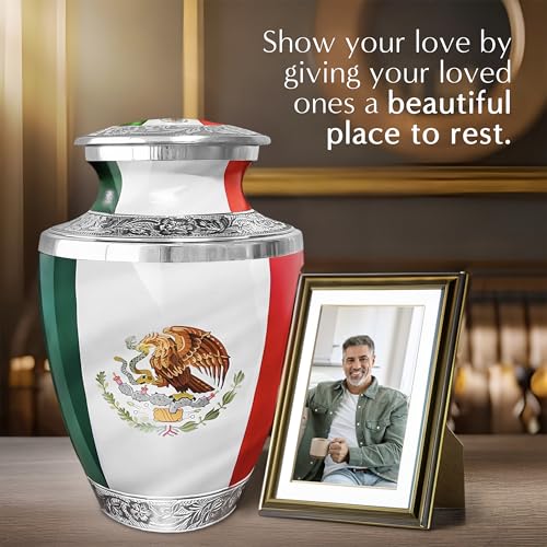 Mexican Flag Large Cremation Urn for Adult Ashes – Urna Memorial Grande para Cenizas - Tribute to Mexican Pride (Orgullo) - Burial Urns for Adult Human Ashes - size: Adult Large