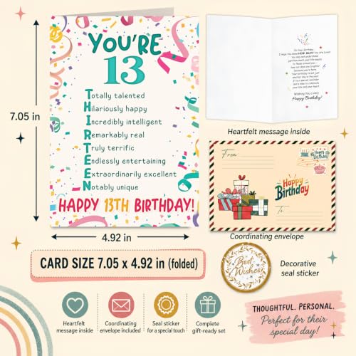 13th Birthday Card, 13 Birthday Card for Teen with Seal and Envelope, Birthdayy Cards for 13 Year Old Girl Boy, Fun Happy 13th Birthdayy Cards for Son Daughter Grandson Granddaughter Niece Nephew - color: 13th