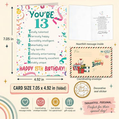 13th Birthday Card, 13 Birthday Card for Teen with Seal and Envelope, Birthdayy Cards for 13 Year Old Girl Boy, Fun Happy 13th Birthdayy Cards for Son Daughter Grandson Granddaughter Niece Nephew - color: 13th