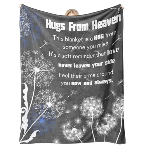 Hugs From Heaven Sympathy Throw Blanket, 50 x 60 Inch, Memorial Bereavement Gift for Loss of Loved One, Dandelion Quote Comfort Blanket for Mom Dad Family Friend, Condolence Remembrance (Heaven)