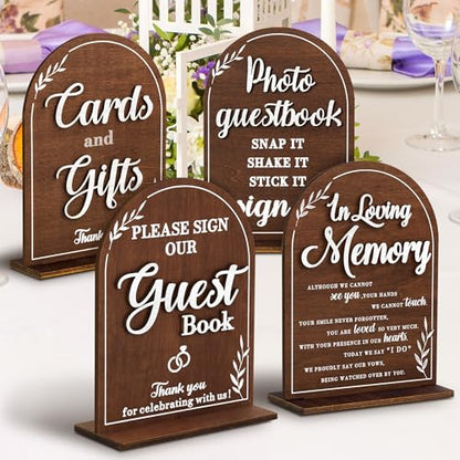 STOFINITY Rustic Wedding Signs, Set of 4 Wood Table Signs for Reception | Photo guestbook sign, gifts and cards sign, please sign our guest book, in loving memory plaque, wood build - color: Set 4