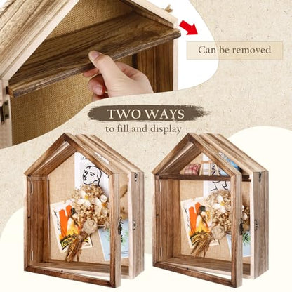 Cinnvoice 11 x 14 Inch Extra Deep Shadow Box Frame Depth 4.72in Large Shadow Box Display Cases with Linen Back and Removable Shelf House Shaped Picture Frame Wedding Bouquet Display for Picture Flower