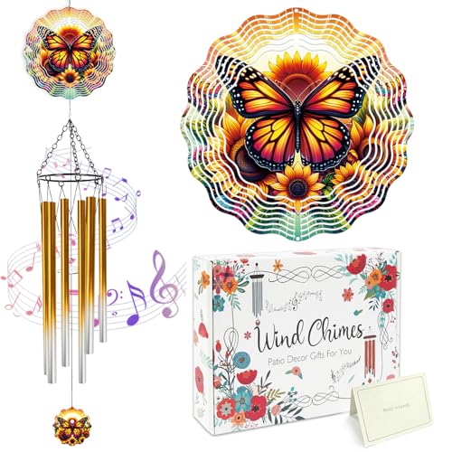 Butterfly Wind Chimes for Outside with Wind Spinner, Summer Garden Patio Yard Decor, Sunflower Monarch Butterfly Wind Chime with Colorful Gift Box, Birthday Housewarming Gifts for Women Mom - color: Sunflower Monarch Butterfly