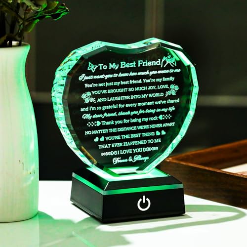 Arikyrist Best Friend Birthday Gifts with LED Base Crystal Heart Friendship BFF Gifts for Women Best Friend Bestie Gift Ideas for Women Gift for Female Friends on Christmas Wedding Valentine's Day - style: Best Friend Gifts + Light Base
