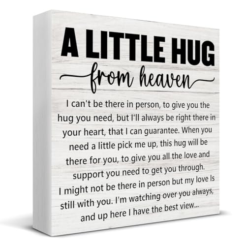 Sympathy Gifts Memorial Gifts for Loss of Mom Dad, Grieving Gift a Little Hug from Heaven Wood Sign Decoration for Home Living Room Bedroom Desk Shelf Table 5 X 5 Inch