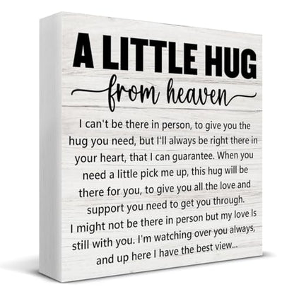 Sympathy Gifts Memorial Gifts for Loss of Mom Dad, Grieving Gift a Little Hug from Heaven Wood Sign Decoration for Home Living Room Bedroom Desk Shelf Table 5 X 5 Inch