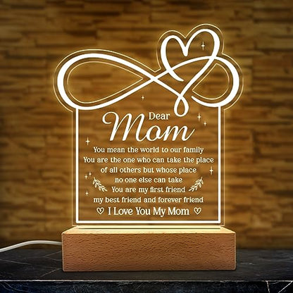 SANDJEST Acrylic Night Light Gift for Mom - Mother Night Light - You Mean The World to Our Family Night Lights Lamp Gift for Moms from Daughter Son on Birthday Christmas Valentines - color: Dear Mom
