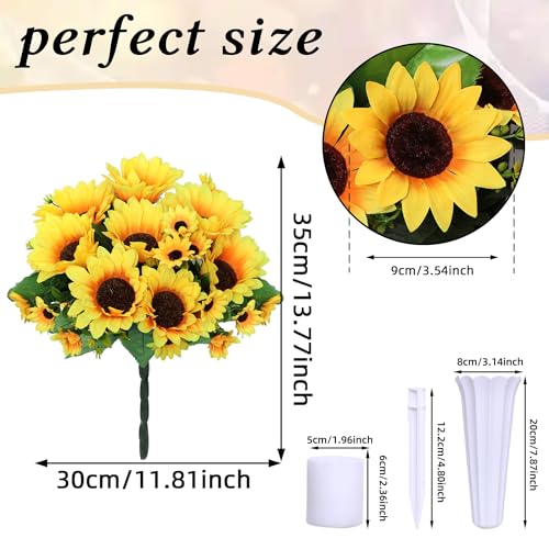 Artificial Cemetery Flowers for Grave Decorations - 4 Sunflower Bouquets with 2 Vases & Spikes - Lifelike Memorial Flowers for Cemetery Headstones Decoration ﻿ (Yllow)
