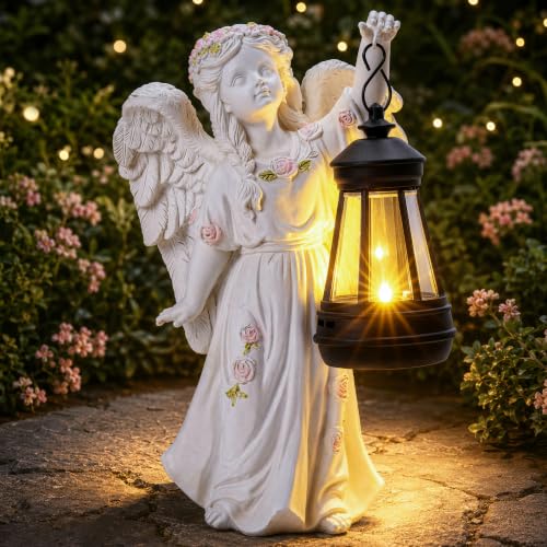Solar Angel Statue Outdoor Garden Decor, 9" Cherub Figurine with Hanging Lantern, Resin Sculpture for Patio, Lawn, Cemetery Memorial