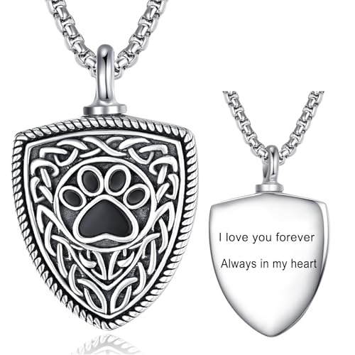 Pet Cremation Urn Necklace for Dog Cat Ashes 925 Sterling Silver Paw Print Keepsake Pendant Celtic Knot Memorial Jewelry for Women Men - style: 00B-Shield Urn-(Silver Personalized )