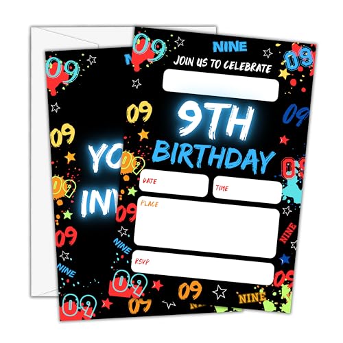 Birthday Invitations - Glow Neon 9th Bday Invites with Envelopes for Boys Girls(25-Count) - Digital Party Invite Cards for Party Supplies Favors Decorations-H04 - style: Neon 9th