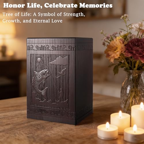 Abooxiu Cremation Urns for Human Ashes Adult Male Female, Wooden Medium Keepsake Urns Box Casket for Ashes, Burial Funeral Memorial Fishing Urn Decorative Urns for Men Women - Up to 200 lbs
