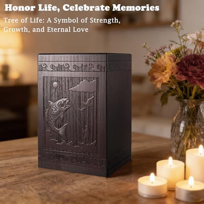 Abooxiu Cremation Urns for Human Ashes Adult Male Female, Wooden Medium Keepsake Urns Box Casket for Ashes, Burial Funeral Memorial Fishing Urn Decorative Urns for Men Women - Up to 200 lbs