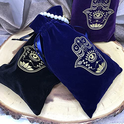 ARTSY CRAFTS 6x9" Hamsa Hand Velvet Jewelry Pouch Gift Bags, Fatima Hand Evil Eye Velvet Drawstring Oracle Tarot Card Rune bags Dice Bag (Royal Blue) - color: Royal Blue
