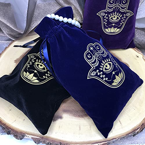 ARTSY CRAFTS 6x9" Hamsa Hand Velvet Jewelry Pouch Gift Bags, Fatima Hand Evil Eye Velvet Drawstring Oracle Tarot Card Rune bags Dice Bag (3Pk Purple+Blue+Black) - color: 3Pk Purple+Blue+Black