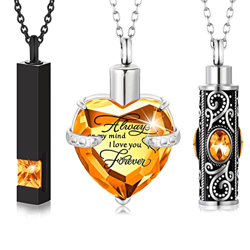 MTLEE 3 Pieces Cremation Urn Necklace for Ashes Vertical Bar Zircon, Heart Crystal Necklace Urn Stainless Steel Waterproof Memorial Pendant - color: Yellow Zircon