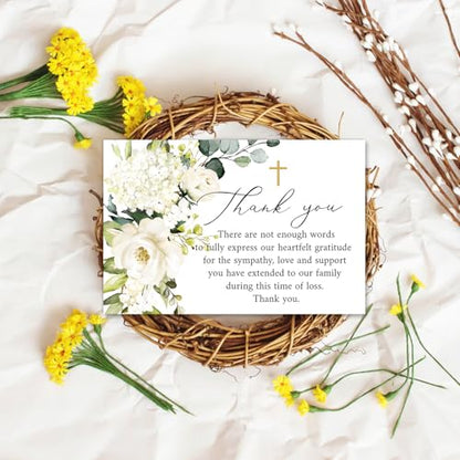 Whaline 48Pcs Funeral Thank You Cards Floral Sympathy Thank You Card with Stickers Envelopes White Flower Bereavement Card for Memorial Service Loved Ones Celebration of Life
