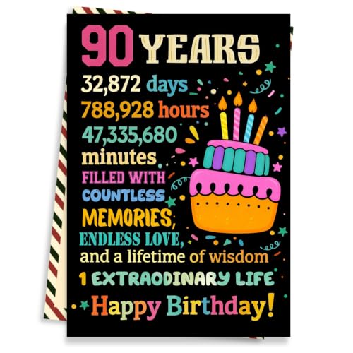90th Birthday Card, 90th Birthday Card for Women Men with Seal and Envelope, 90 Year Old Birthdayy Cards for Mom Dad Grandma Grandpa from Daughter Son Granddaughter Grandson - color: 90th