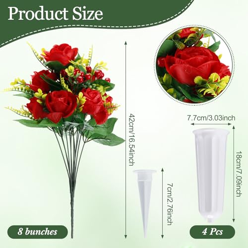 Tigeen 4 Sets Artificial Cemetery Flowers with Vase for Grave,White, Red - color: White, Red