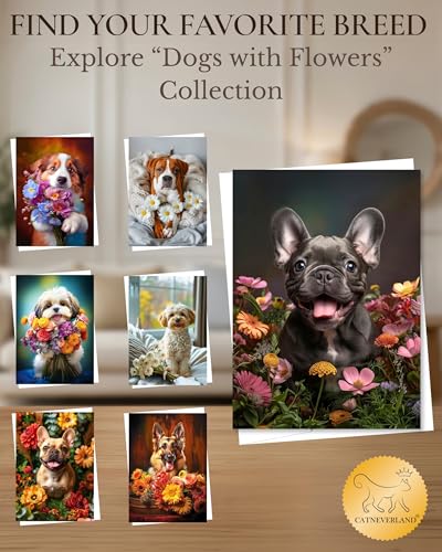French Bulldog Puppy with Flowers All Occasions Greeting Card - Dog with Flowers from Unique Dogs Party Delights Collection - Large 5x7 Inch - Blank Inside with A7 Invitation Style White Envelope - color: French Bulldog Puppy with Flowers
