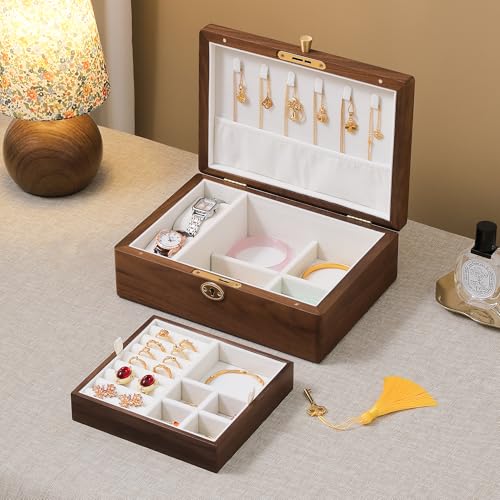Black Walnut Wooden Lockable Jewelry Box, 2 Layer Organizer Case for Women - color: 2 Layer Lockable