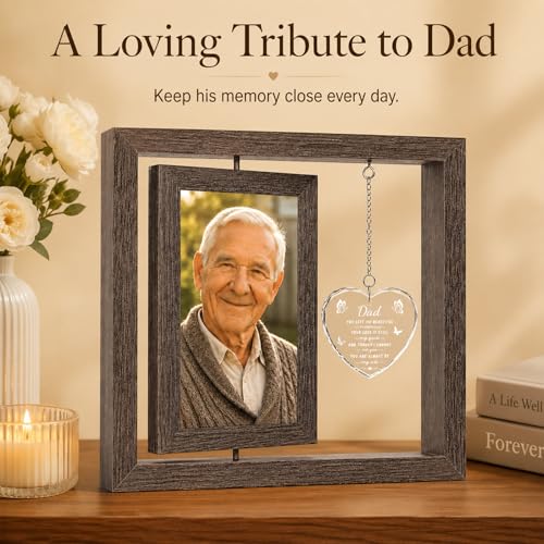 Memorial Gifts for Loss of Dad, Sympathy Gifts for Loss of Father, Rotating Memorial Picture Frame with Crystal Heart Pendant, Bereavement Remembrance Funeral Condolence Grief Gift, Display Two 4x6 Photos - size: Dad