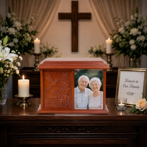 Double Companion Urn for 2 Adults Holds Up to 400 Cubic Inches Wooden Cremation Urn for Human Ashes with 4 x 6 Photo Frame Carved Hummingbird Memorial Urn for Husband Wife Parents