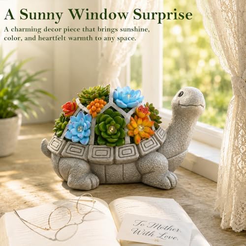 Nacome Solar Garden Outdoor Statues Turtle with Succulent - color: Grey Turtle