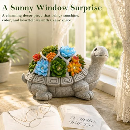 Nacome Solar Garden Outdoor Statues Turtle with Succulent - color: Grey Turtle