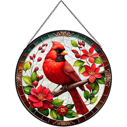 RIVEENY Cardinal Suncatcher Stained Glass, Stained Glass Window Hanging, Cardinal Gifts for Women, Red Birds Suncatchers for Windows, Hand Painted Glass for Birds Lover 20cm/7.87inch - color: Cardinal