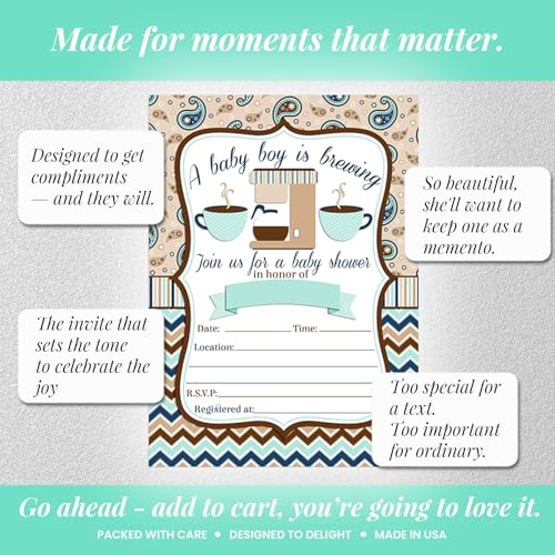 Amanda Creation 20 Baby Shower Invitations with Envelopes – A Baby is Brewing Coffee Themed Fill-In Cards for Baby Boy Sprinkle, 5x7 Blank Invites, Made in USA - style: Coffee