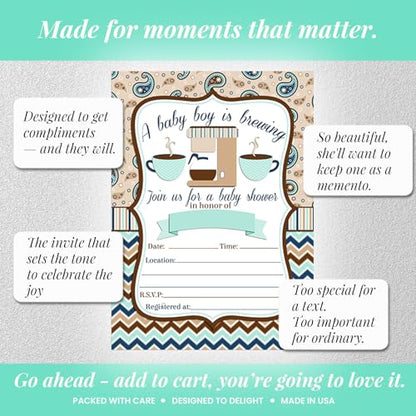 Amanda Creation 20 Baby Shower Invitations with Envelopes – A Baby is Brewing Coffee Themed Fill-In Cards for Baby Boy Sprinkle, 5x7 Blank Invites, Made in USA - style: Coffee